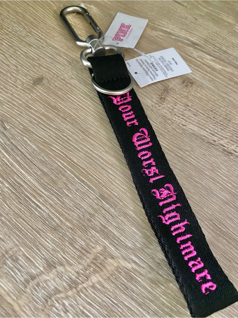 PINK Victoria's Secret Black Keychain Strap with Hot Pink Embroidered Text